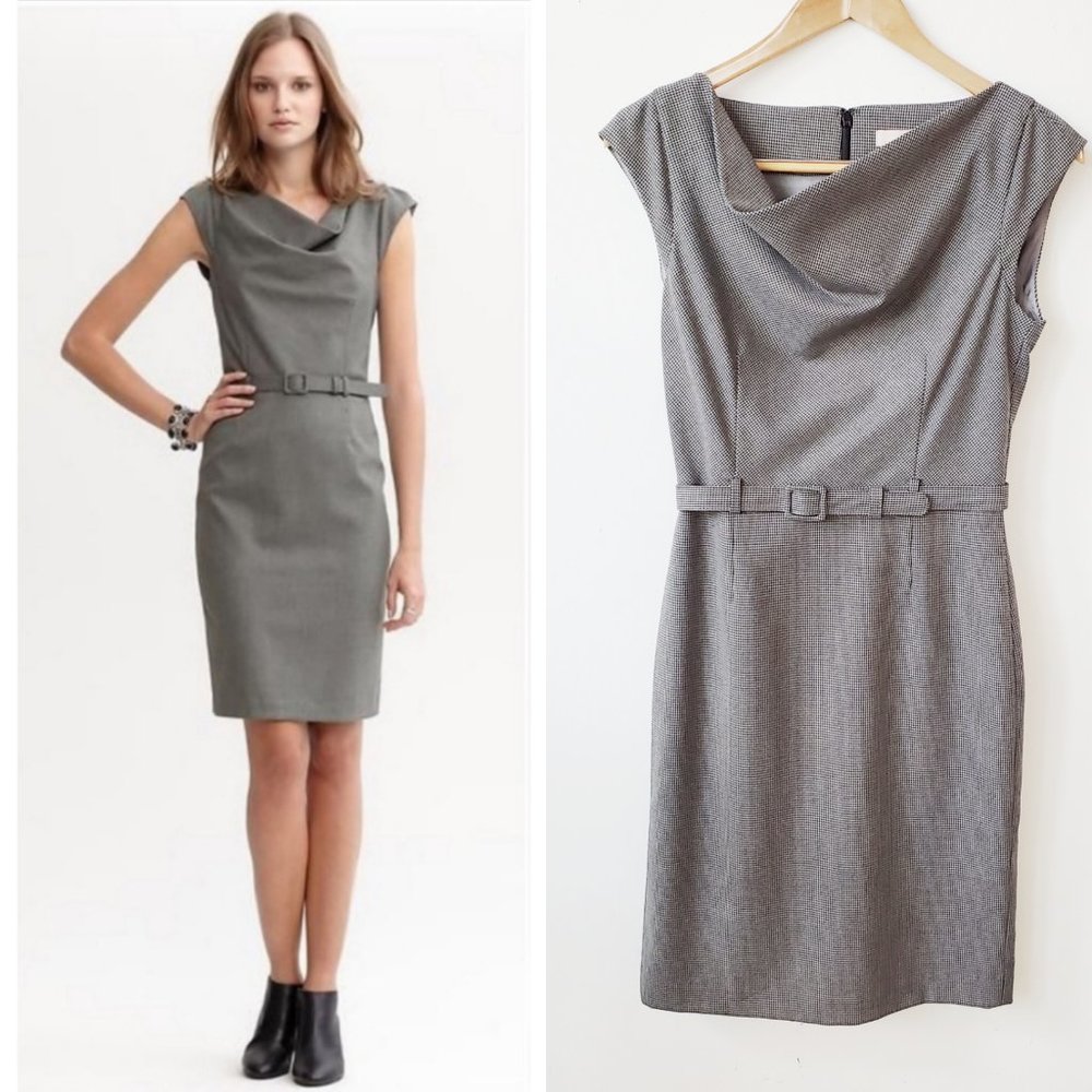 Banana Republic Belted Knee-length Sheath Dress, Grey Houndstooth, 2